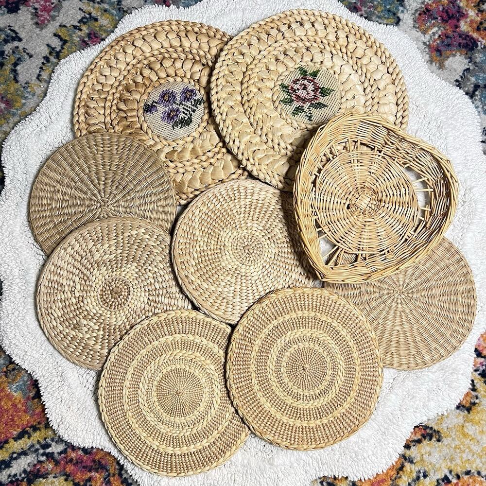 Vintage Lot 9 Trivets Heart Basket Wicker Needlepoint Flowers Hot Pads Wall Art